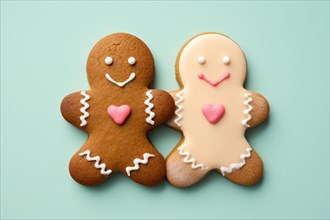 Pair of cute gingerbread men with hearts on pastel blue background. KI generiert, generiert, AI