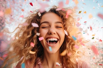 Cheerful happy woman with colorful confetti. KI generiert, generiert, AI generated