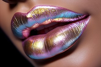 Close up of woman's lips with unusual metallic lipstick. KI generiert, generiert, AI generated