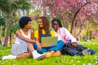 Three beauty young female african students using laptop sitting on the grass of the campus