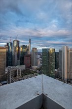 View of the skyline from a tower block in the evening. Fantastic view over a financial centre at