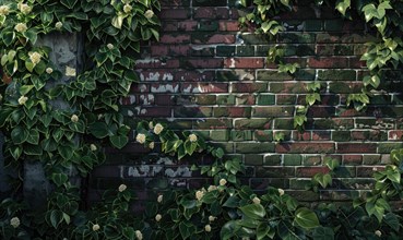 Vines with white flowers weave through the cracks of a weathered brick wall AI generated
