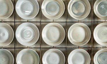 Close-up of stacked white plates with subtle differences in each one's pattern AI generated