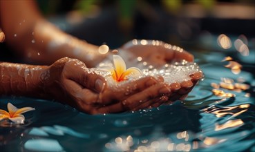 Hands gently holding water with plumeria flowers floating, reflecting lights creating a serene