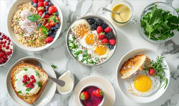 A varied breakfast layout with eggs, fruits, bread, and oatmeal AI generated