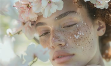 Serene close-up of a woman among flowers, highlighting her freckles AI generated