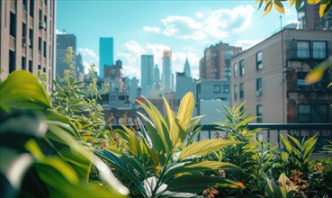 A sunlit rooftop garden offers a serene view of the surrounding high-rise cityscape AI generated