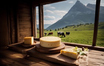 Cheese production on a farm in the alps mountains, cows graze in the mountains, AI generated