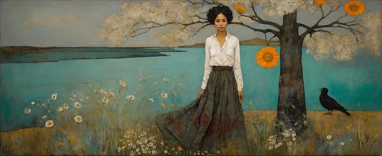 A standing woman gazes into the distance by a blue lake, a crow perched nearby, hand painting style