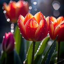 Morning dew glistens on vibrant tulips, AI generated