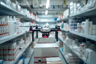A drone navigating through pharmacy shelves for medication inventory management, AI generated