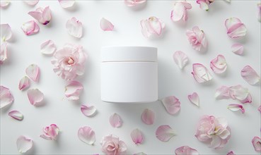 Creme jar blank mockup surrounded by delicate flower petals AI generated
