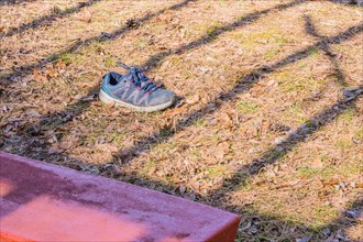 An abandoned shoe by a red picnic table on dry grass with distinct shadows from sunlight, in South