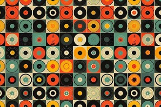 Colorful abstract pattern with stylized vinyl records in a retro design, illustration, AI generated