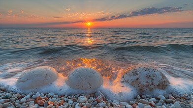 Sunset over a tranquil sea, waves washing over pebbles and foam on the beach, image depicting