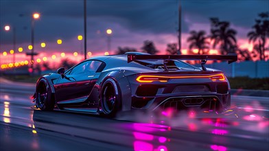 Futuristic supercar with neon underglow driving on a wet road at dusk, AI generated