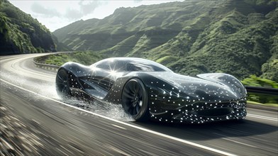 Futuristic hybrid hidrogen black concept car driving fast on a curvy road through green hills, AI