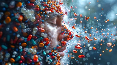 A surreal depiction of a face with vibrant colored pills and capsules floating around it, AI