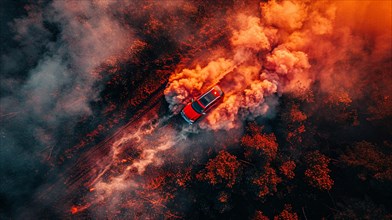 Red sports car driving through a forest with surrounding smoke and fire, drone aerial view, AI