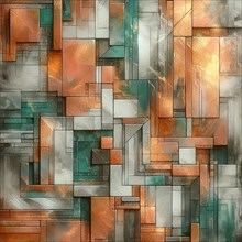 3D abstract geometric structure fragmented in copper and teal colors, AI generated