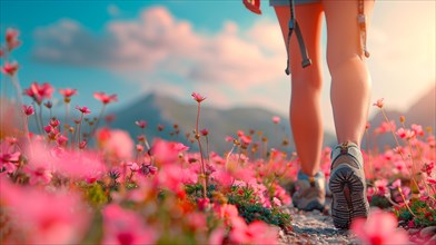 Woman walking on a trail surrounded by pink wildflowers in a mountainous region, AI generated