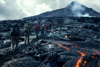 Tourists, hiking group, expedition, onlookers on the way to an active volcano, surrounded by hot,