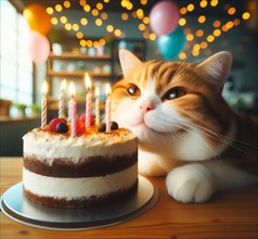 A cat congratulates you on your birthday with a birthday cake with candles, KI generiert, AI
