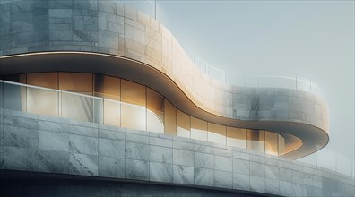 Modern building with curved design bathed in warm sunrise light, ai generated, AI generated