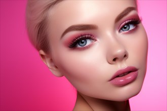 Portrait fo young beautiful blond woman with pink makeup. KI generiert, generiert, AI generated
