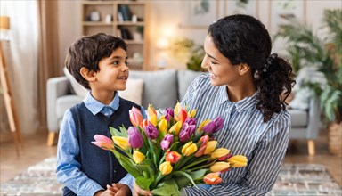 A woman and a boy smile at each other, the boy holds a bouquet of colourful tulips, AI generated,