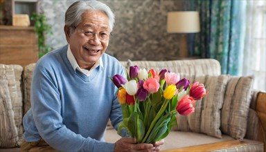 A smiling elderly man holds a colourful bouquet of tulips in a cosy living room, AI generated, AI