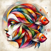 Vibrant abstract painting of a woman's face with colorful carp fish motifs, 3d watercolor style,