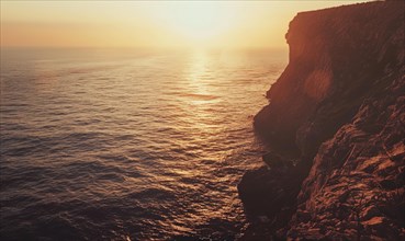 The sun casts a warm glare on the cliff face overlooking serene ocean waters AI generated