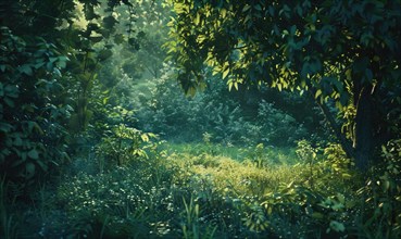 Radiant sunlight filters through the lush forest undergrowth AI generated