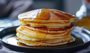 Pouring syrup over a stack of pancakes in a close-up dark setting AI generated