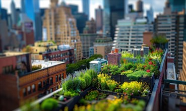 Lush rooftop garden in an urban setting with a miniature effect applied AI generated