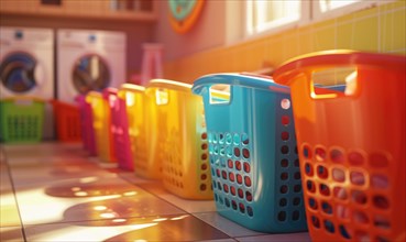 Colorful laundry baskets on the floor AI generated