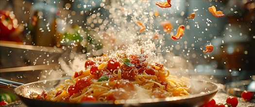 Pasta mid-air with sprinkled cheese and tomatoes creating a lively and appetizing scene, AI