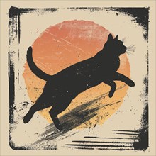 Artistic rendering of a cat's silhouette with an abstract sunset in the background, AI generated