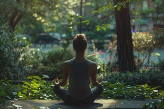 A woman in meditation pose in a tranquil park, surrounded by lush greenery, AI generated