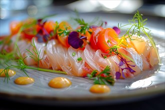 Fresh sashimi beautifully garnished with edible flowers and herbs on a plate, AI generated
