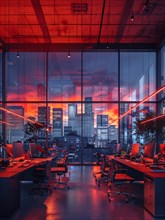 Futuristic office interior bathed in neon light with urban night views, AI generated