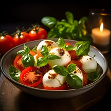 Caprese salad featuring spherical mozzarella succulent tomatoes, AI generated