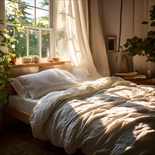 Imperfectly made bed in a sunlit room with rumpled sheets, AI generated