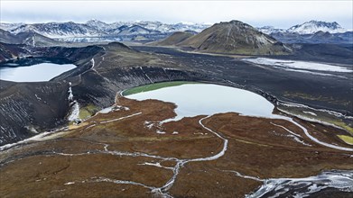 Volcanic landscape, crater lakes and wild river landscape, near Landmannalaugar, Fjallabak Nature