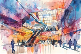Watercolor illustration of a bustling shopping mall interior with crowds and a glass ceiling, AI