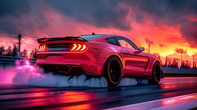 A red american muscle powerful v8 sports car racing on a track under a sunset sky with neon