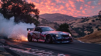 Customized drift car creating sparks and smoke while racing on a track at twilight, AI generated
