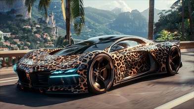 Futuristic car with leopard print design parked at a luxurious tropical resort setting, AI