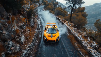 Yellow supercar on a wet mountain road with motion blur effect, AI generated